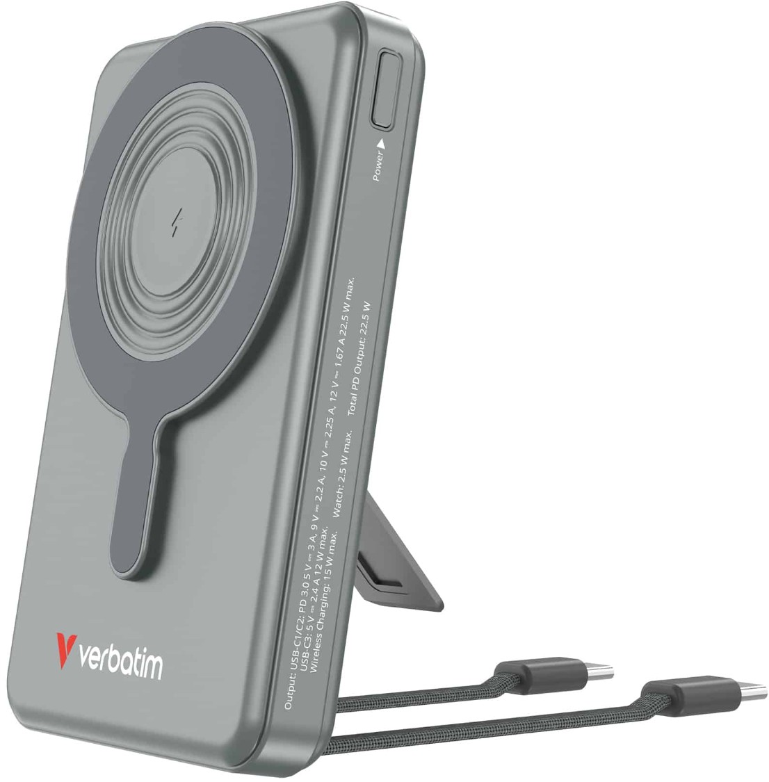 Verbatim Charge ’n’ Go 10,000mAh MagSafe-compatible Power Bank. 2 embedded USB-C cables, 22.5W PD, TFT Display, Stand. Charges 4 devices at a time