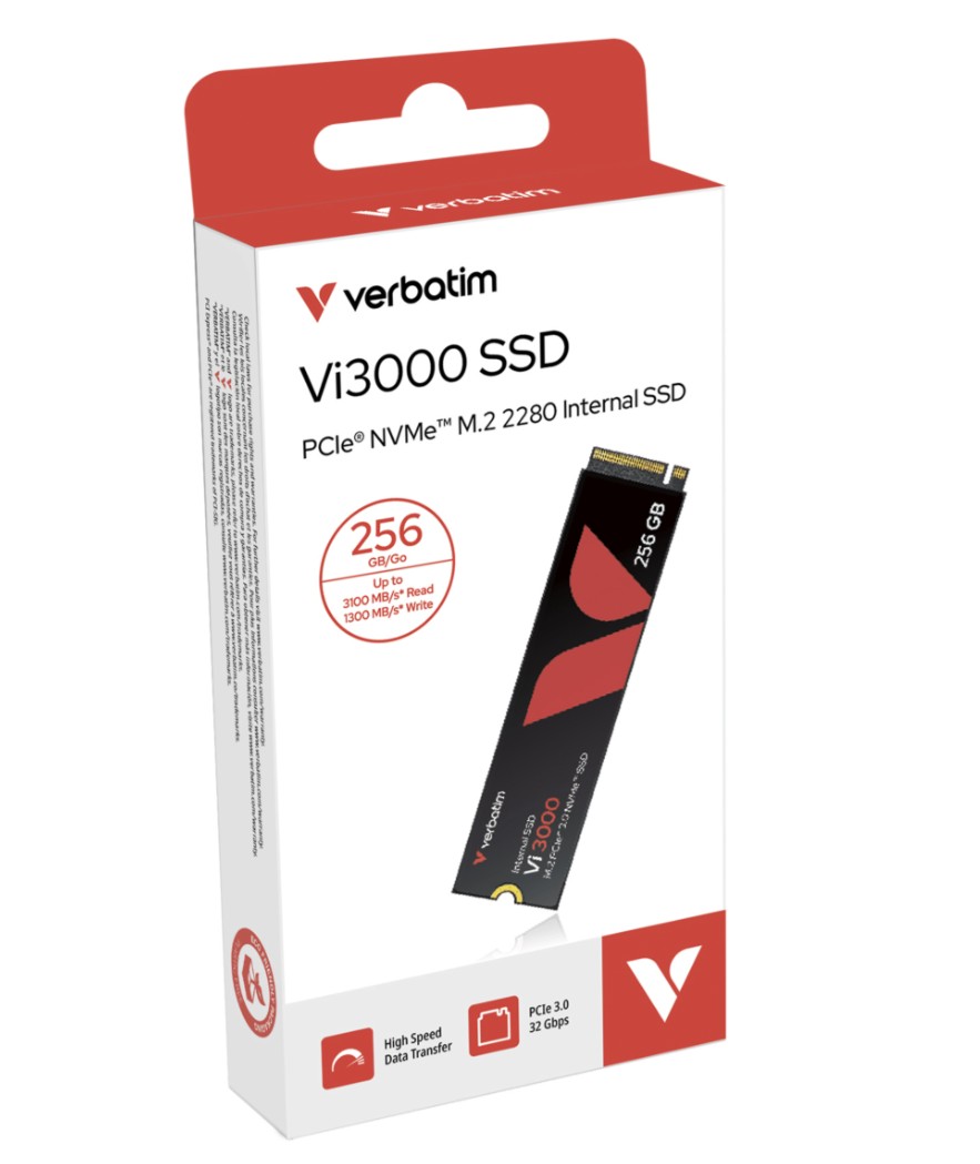 Verbatim Vi3000 256GB M.2 PCIe Gen 3 NVMe Internal SSD. Up to 3,100MB/s read and 1,300MB/s write. Up to 6x faster than a SATA SSD. Ideal for gaming.