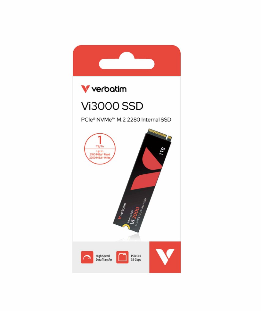 Verbatim Vi3000 1TB M.2 PCIe Gen 3 NVMe Internal SSD. Up to 3,100MB/s read and 1,300MB/s write. Up to 6x faster than a SATA SSD. Ideal for creators.