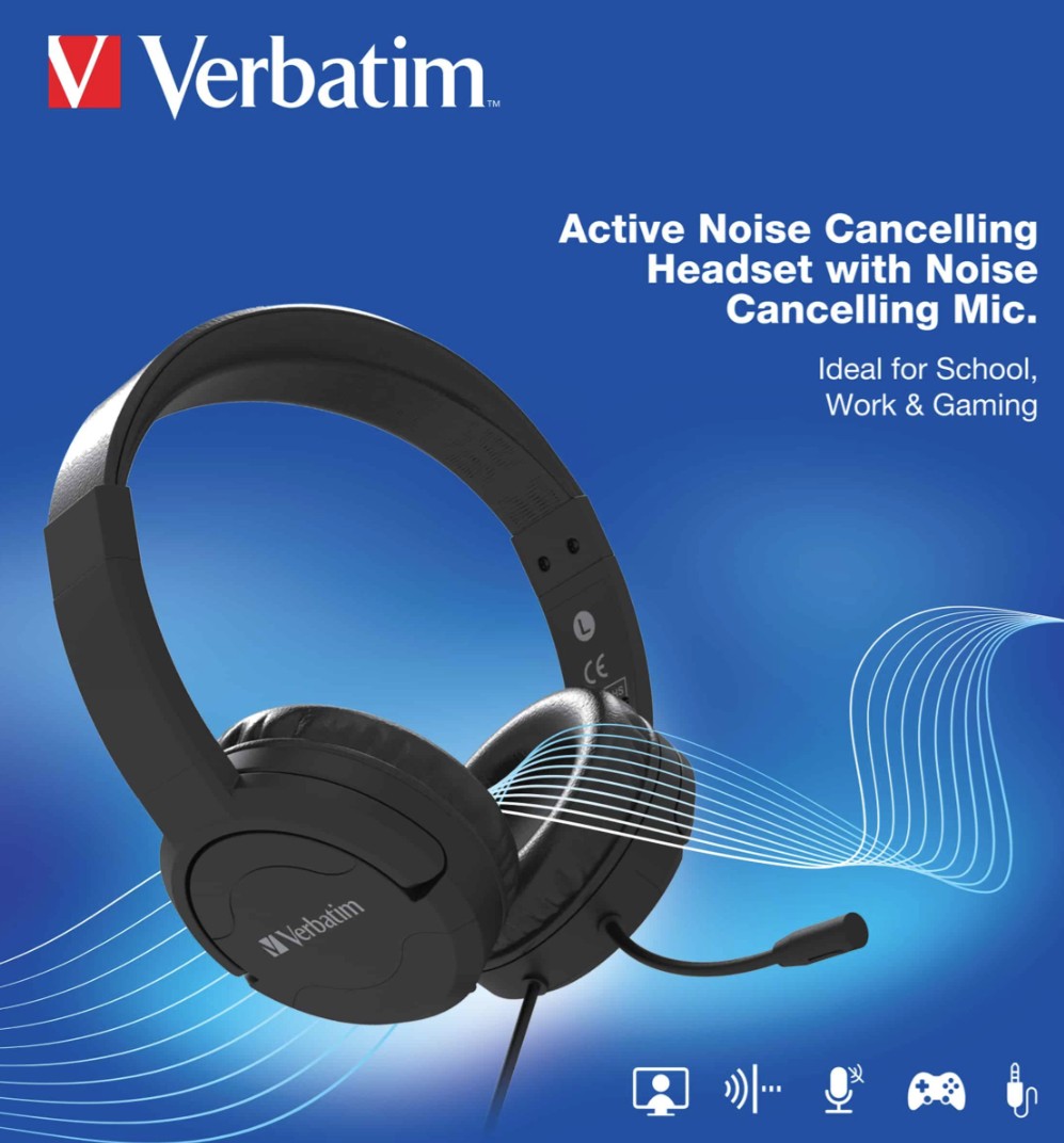 Verbatim Active Noise Cancelling Headset with Gooseneck Mic. 3.5mm Jack for PC, Phone, Tablet. 40mm Drivers, Swivel Earpads, up to 8 Hour ANC Battery