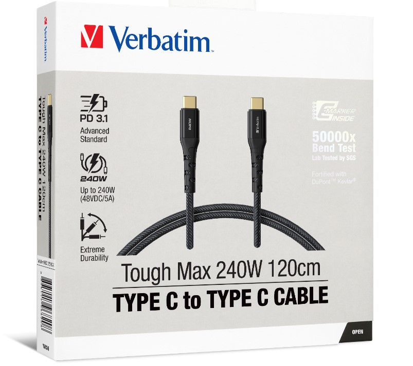 Verbatim Tough Max 120cm USB-C to USB-C cable for 240W PD 3.1 charging. Kevlar reinforced, SGS tested to 50,000 bends. 480Mbps USB 2.0 data, QC 4.0