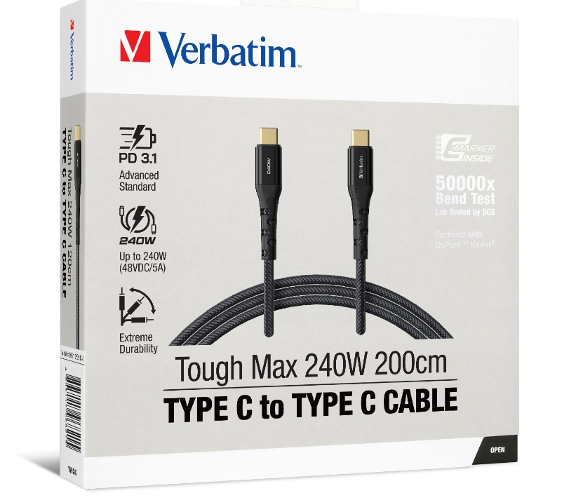 Verbatim Tough Max 200cm USB-C to USB-C cable for 240W PD 3.1 charging. Kevlar reinforced, SGS tested to 50,000 bends. 480Mbps USB 2.0 data, QC 4.0