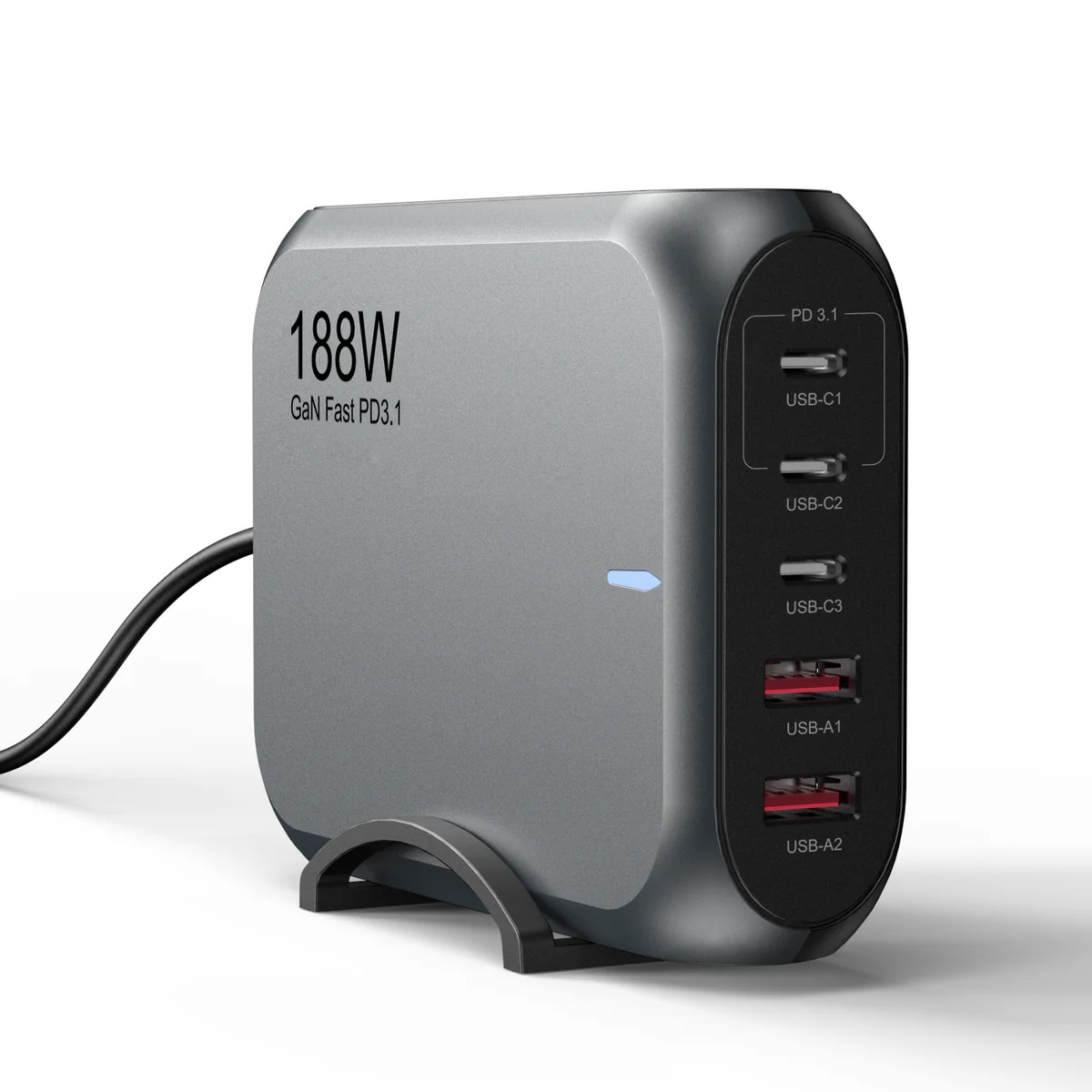 USP 188W Five Ports USB-C PD GaN Wall Charger Black - 3x USB-C, 2x USB-A, Efficiently, High Quality, Tablet, Laptop, iPhone, 5 Years Warranty