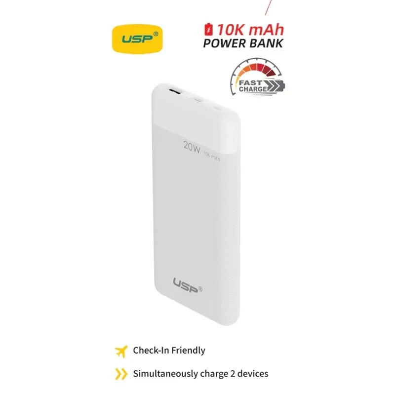 USP 10K mAh Power Bank White - 20W Fast Charge, 1x USB-C, 1x USB-A, Built-in Electricity Indicator Light, Fire-Resistant, 5 Years Warranty