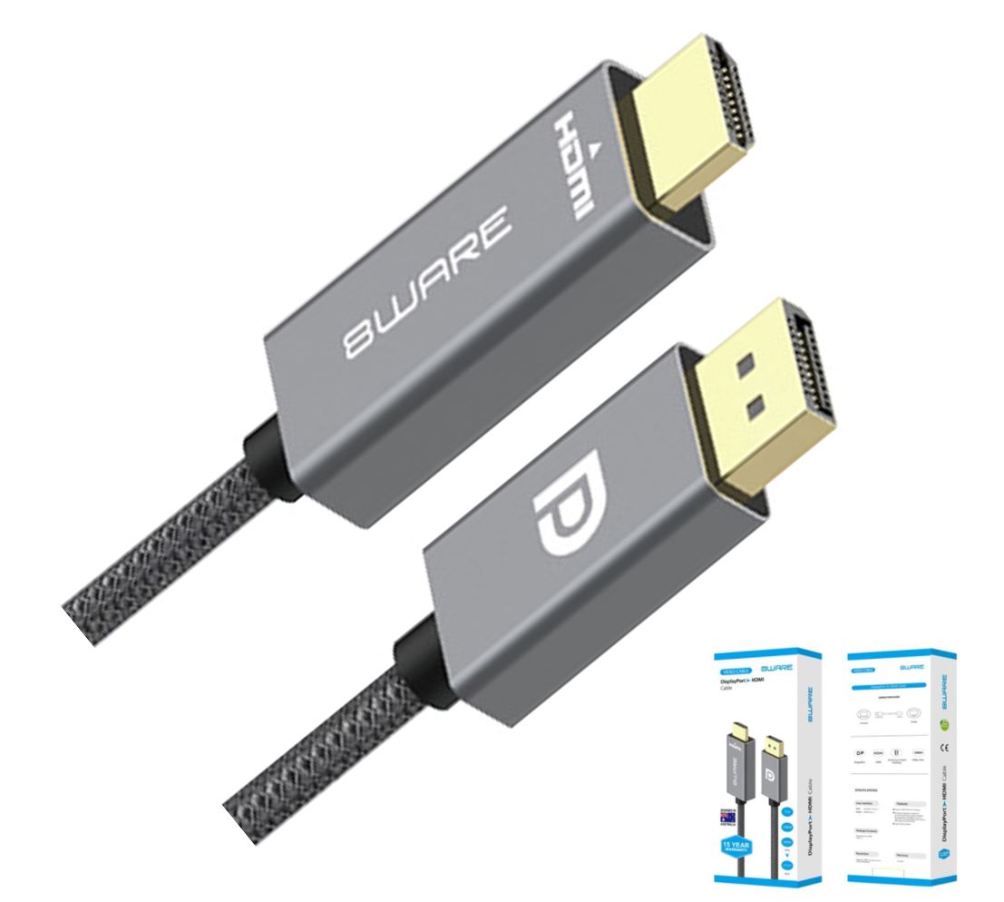 8ware 2m DisplayPort DP to HDMI 1.4v Male to Male Adapter Converter Cable Retail Pack 1080P Nylon Braide for Video Card PC Notebook to Monitor Project