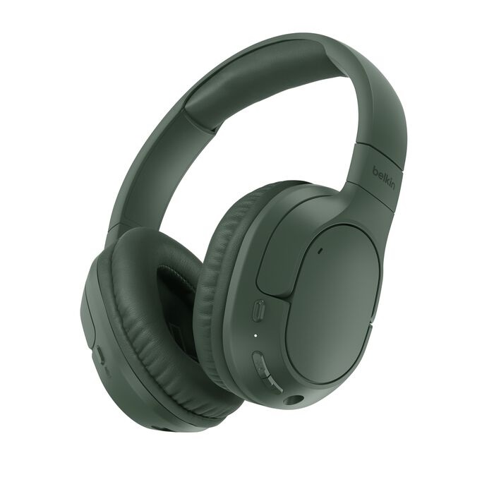 Belkin SoundForm Surround Wireless Over-The-Ear Headphones + USB-C Cable (1.2M) + Audio Cable (1.2M) - Olive (AUD009FQOL), 2 Years Warranty