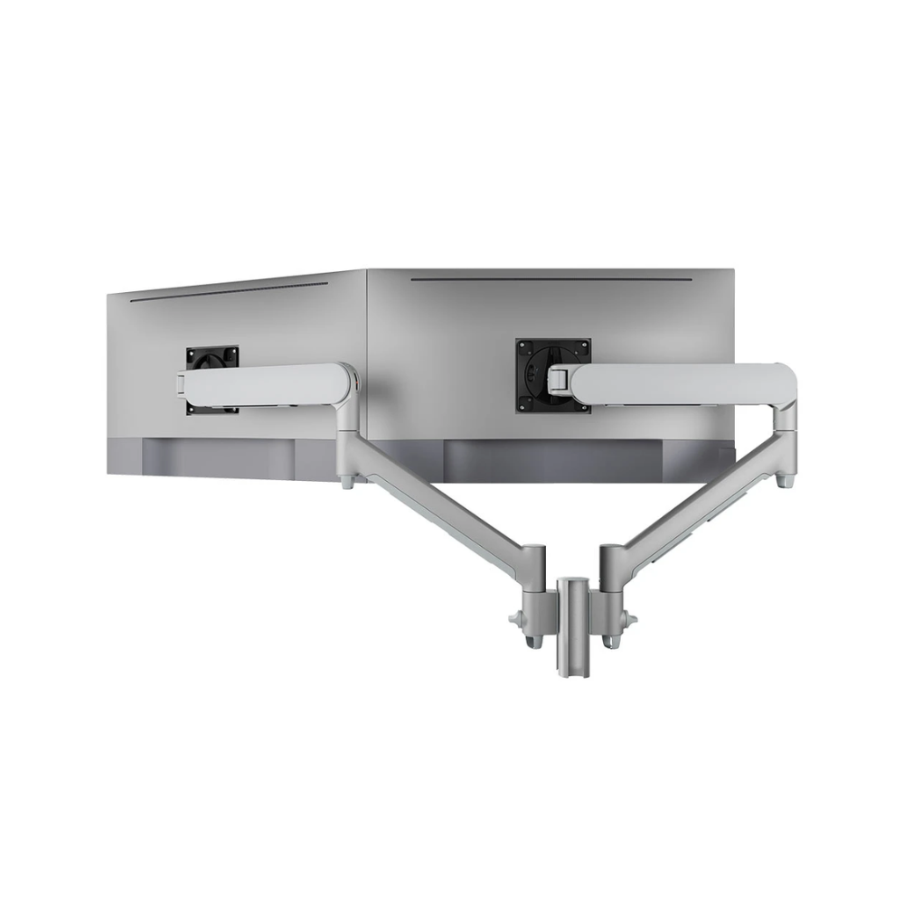 Atdec Dual Dynamic Monitor Arm Mount on Short Post - Grommet Clamp - Silver