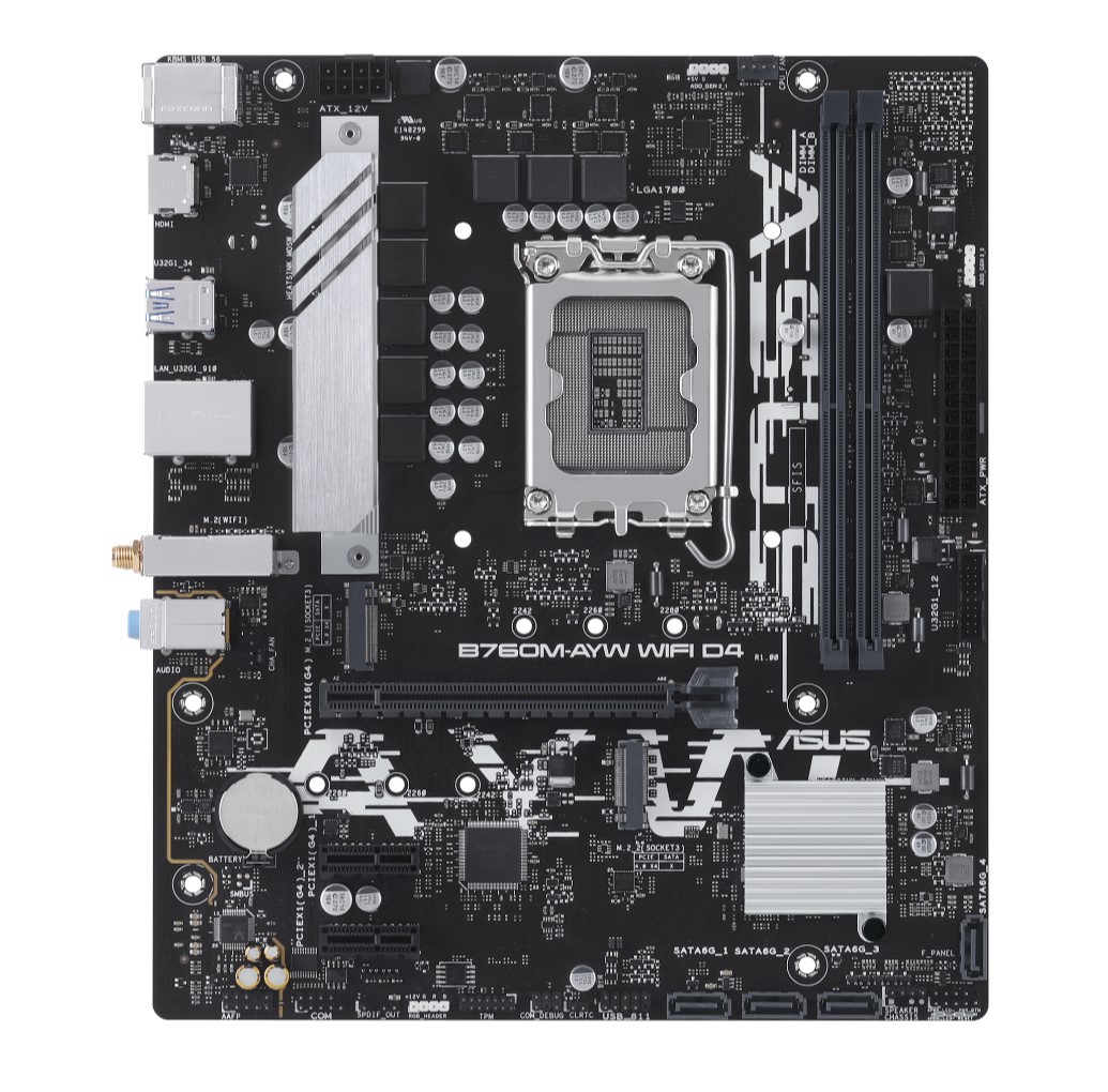 ASUS B760M-AYW WIFI D4 Intel LGA 1700 mATX Motherboard 64GB, DDR4, 1 x PCIe 4.0 x16 Slot, 2 x M.2 Slots, 4 x SATA, WiFi 6, Realtek 2.5Gb Ethernet