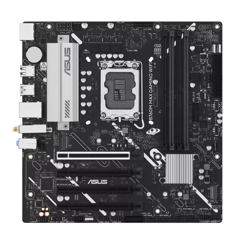 ASUS B760M MAX GAMING WIFI Intel LGA 1700 mATX Motherboard 192GB, DDR5, 1 x PCIe 5.0 x16, 3 x M.2 Slots, 4 x SATA, WiFi6, HDMI, DP, 1Gb Ethernet, USBC