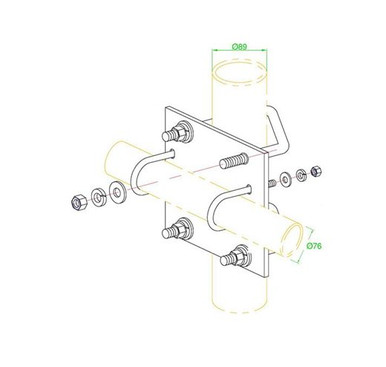 ZCG Dual Right Angle Clamp Bracket, Aluminium & Stainless, 70-89mm Pole, 60-76mm Ancillary