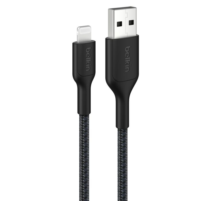 Belkin BoostCharge Pro Braided USB-A Cable (1M) with Lightning Connector - Black (CAA020FQ1MBK), 2.4A/15W, 350K Bends, MFI-Certified, 2 Years Warranty