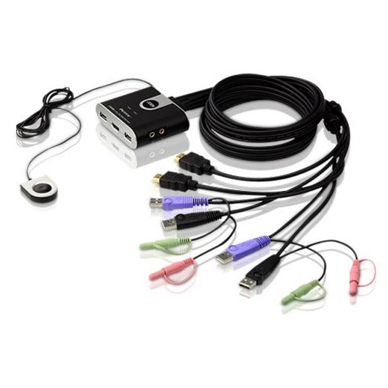 Aten Compact KVM Switch 2 Port Single Display HDMI w/ audio, 1.2m Cable, Remote Port Selector