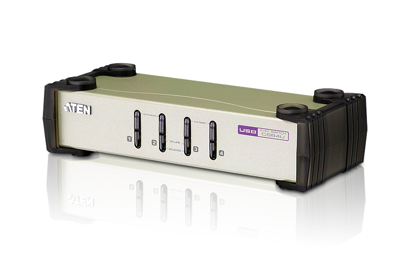 Aten Desktop KVM Switch 4 Port Single Display VGA, 4x Custom KVM Cables Included, Selection Via Front Panel, Auto Scan Mode