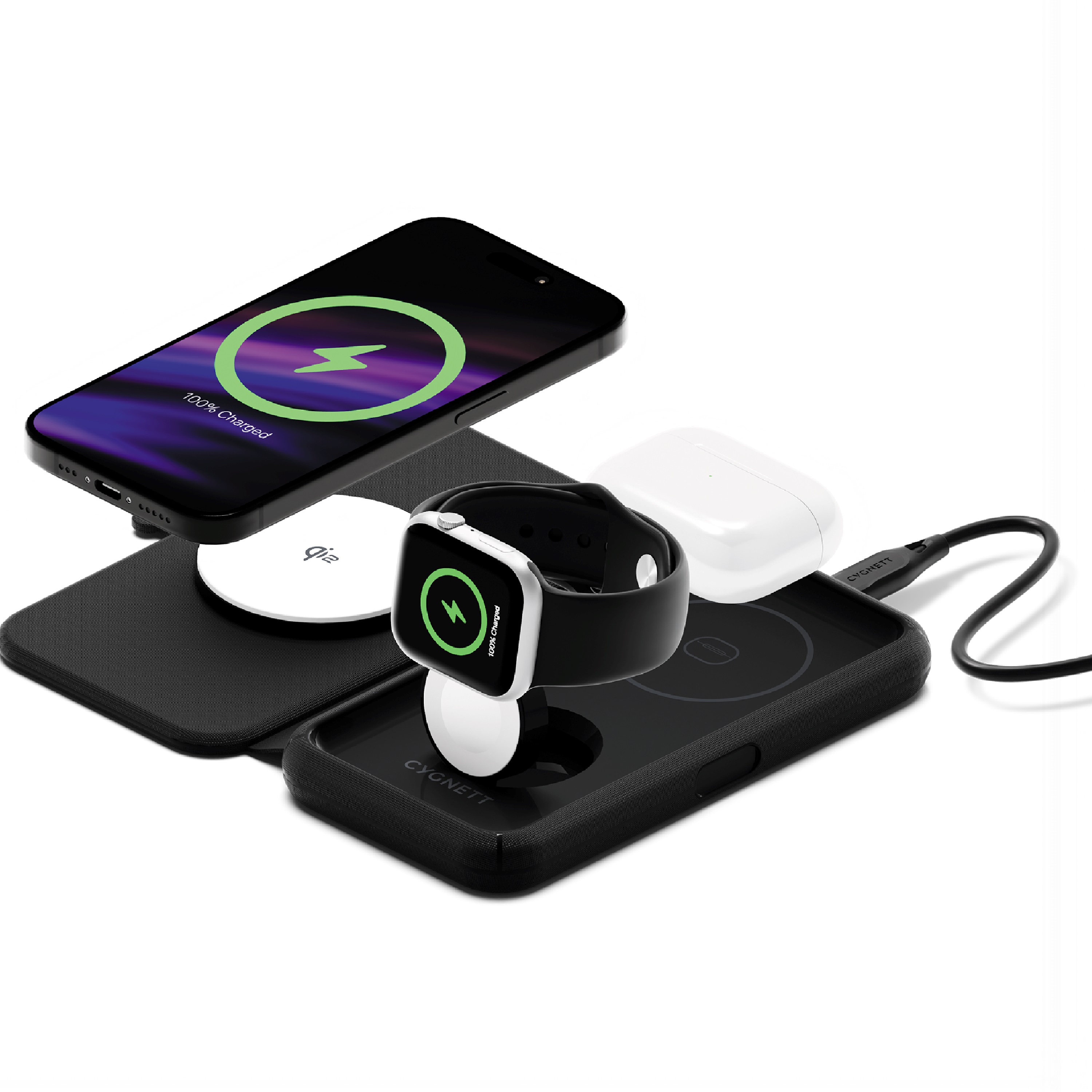 EOL Cygnett MagTravel Qi2.0 2-in-1 Wireless Charger - Black (CY5138WIRDE), 1.2M USB-C Cable,15W, Compact and lightweight, 2 Years Warranty