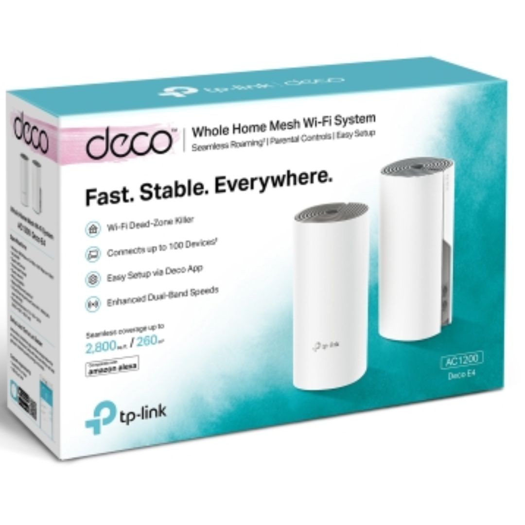 TP-Link Deco E4(2-pack) AC1200 Whole Home Mesh Wi-Fi (2-Pack), Dual-Band, Up to 1167 Mbps, Wireless, Seamless AI Roaming, Gaming & Streaming