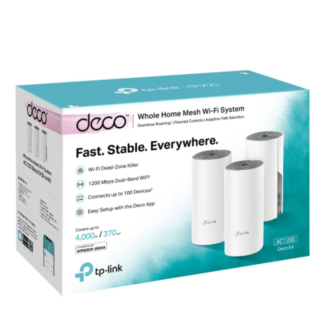 TP-Link Deco E4(3-pack) AC1200 Whole Home Mesh Wi-Fi (3-Pack), Dual-Band, Up to 1167 Mbps, Wireless, Seamless AI Roaming, Gaming & Streaming
