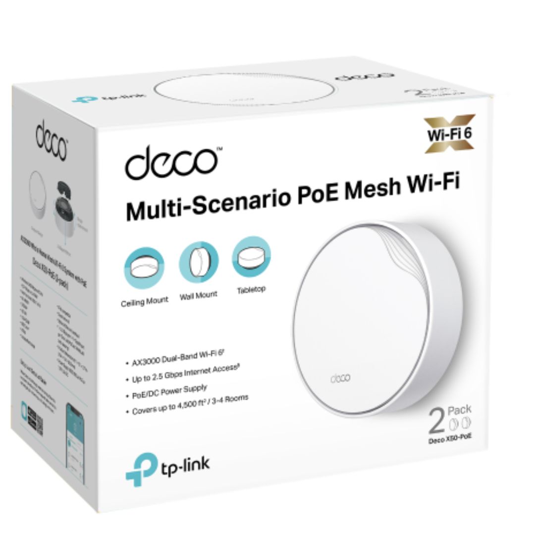 TP-Link Deco X50-PoE(2-pack) AX3000 Whole Home Mesh WiFi 6 System with PoE, 574 Mbps at 2.4 GHz + 2402 Mbps at 5 GHz