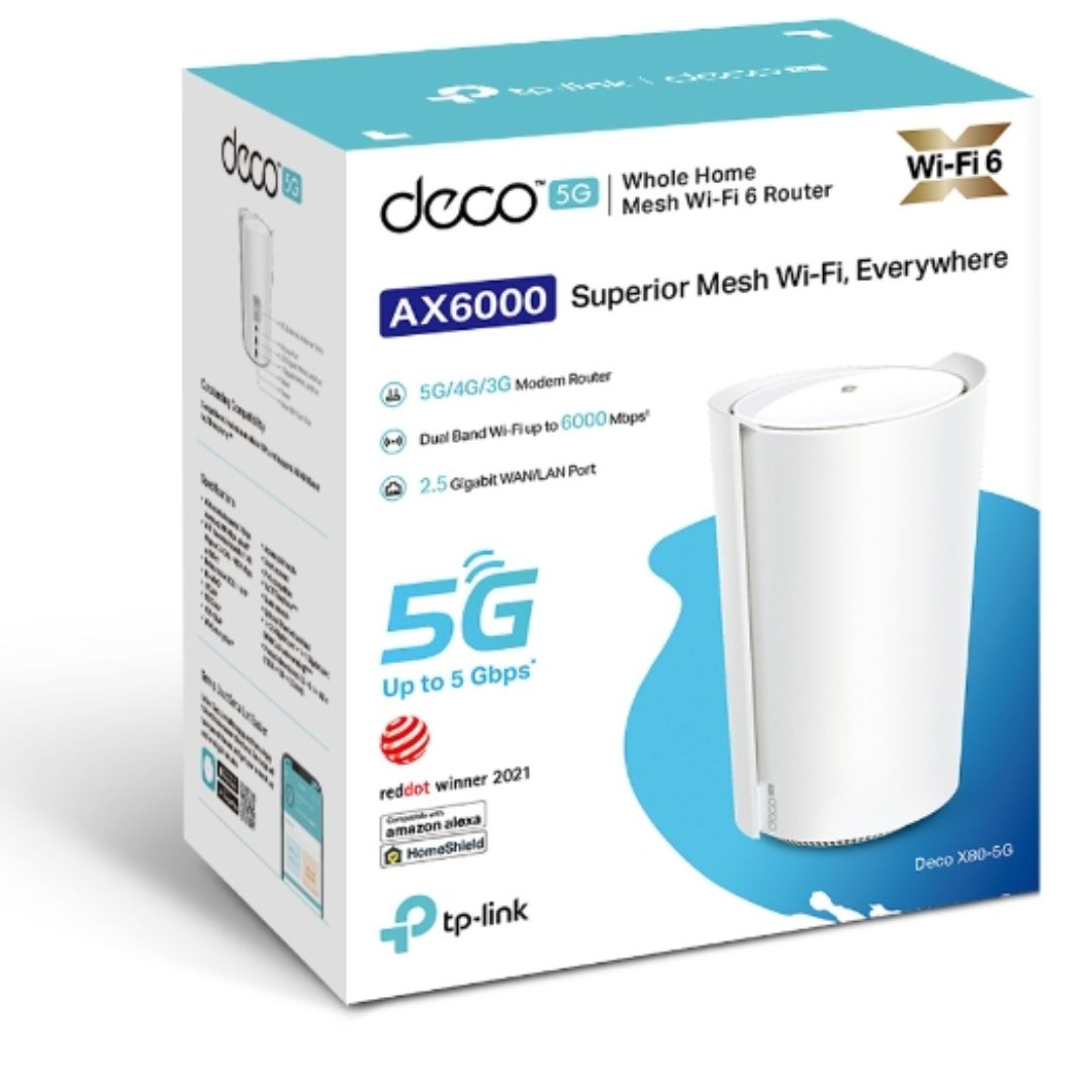 TP-Link Deco X80-5G(1-pack) 5G AX6000 Whole Home Wi-Fi 6 Gateway, 4804Mbps at 5 GHz + 1148Mbps at 2.4 GHz, 5G 5Gbps/900Mbps, 4G+ Cat20 2Gbps/2