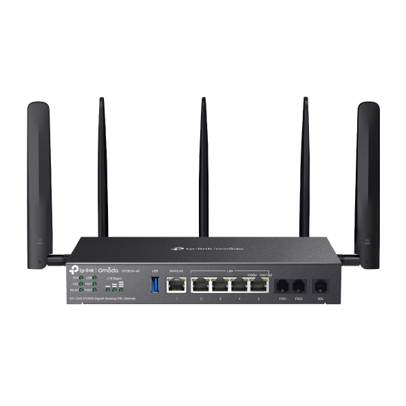 TP-Link DR3650v-4G Omada 4G+ Cat6 AX3000 Wi-Fi 6 Gigabit Desktop DSL Gateway, 574Mbps@2.4GHz + 2402Mbps@5GHz(HE160), VDSL2 350 350/60, VoIP Triple