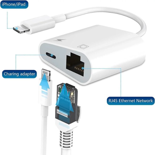 USP Lightning to Ethernet + Power Adapter for iPhone/ iPad, RJ45 LAN + Charging, Fast stable internet, Plug & Play, iOS, 5 Years Warranty