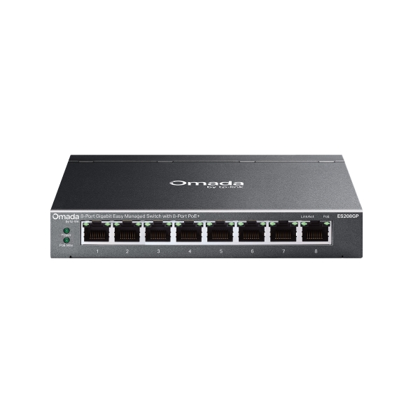 TP-Link ES208GP Omada 8-Port Gigabit Easy Managed Switch with 8-Port PoE+, 8× Gigabit PoE+ Ports , 802.3at/af, 64 W PoE Power, Desktop Steel Case an