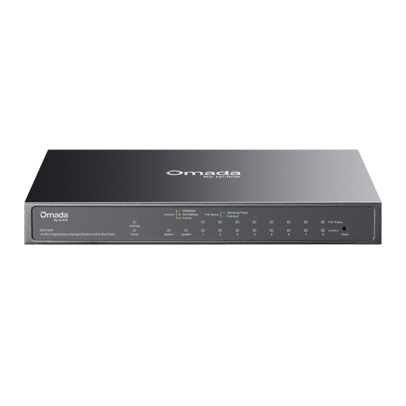 TP-Link ES210GP Omada 10-Port Gigabit Easy Managed Switch with 8-Port PoE+, 8× Gigabit PoE+ Ports, 1x Gigabit Non-PoE Ports, 1× Combo Gigabit RJ4