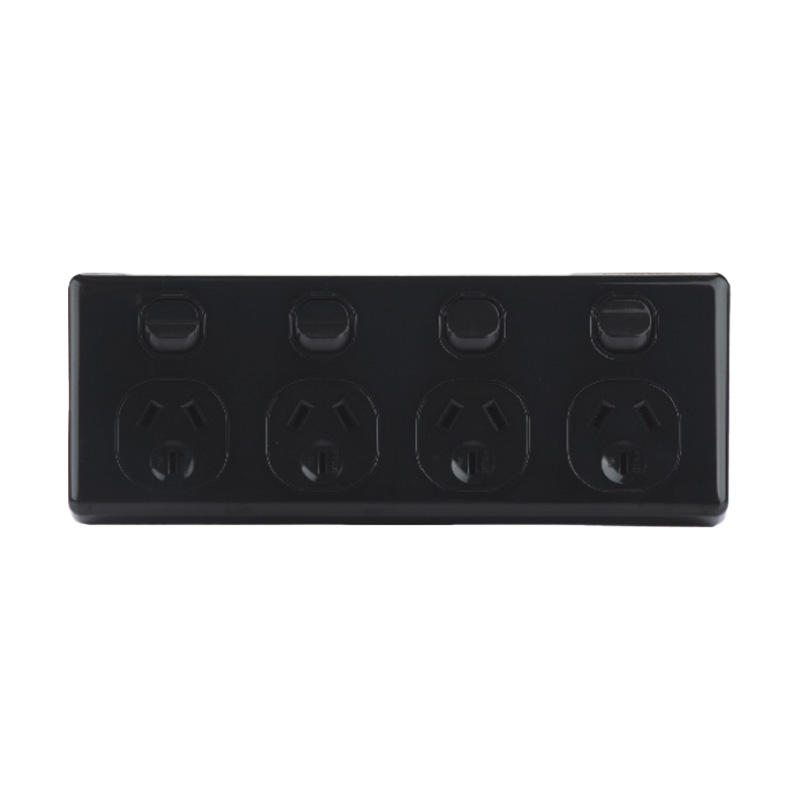 AVOL Power Point 4 Gang Double Pole | 250VAC 10A | Black | Horizontal
