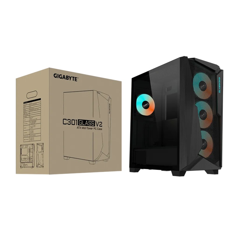 Gigabyte C301V2 RGB Tempered Glass E-ATX Black Mid Tower Gaming Chassis 2x3.5' 2x2.5' 2xUSB3.0 Detachable Dust Filter Liquid Cooling PSU ATX