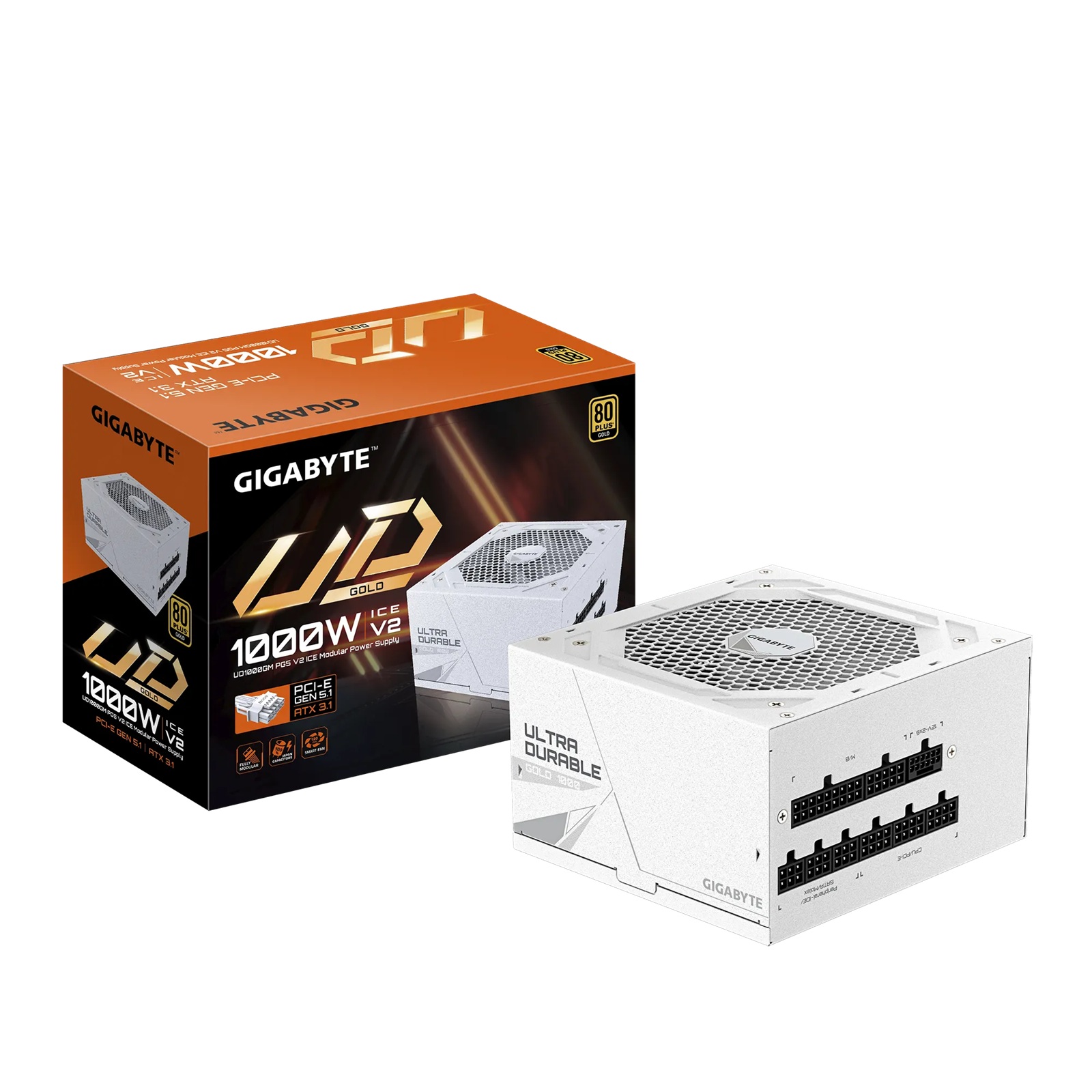 Gigabyte UD1000GM PG5 ICE 1000W ATX PSU Power Supply 80+ Gold >90% 120mm Fan Black Flat Cables Single +12V >100K Hrs