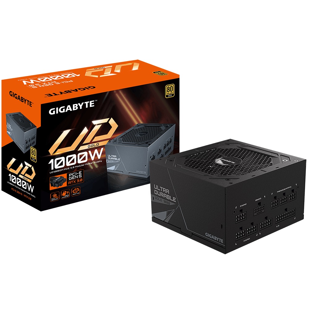 Gigabyte UD1000GM PG5 2.0 1000W ATX PSU Power Supply 80+ Gold >90% 120mm Fan Black Flat Cables Single +12V >100K Hrs