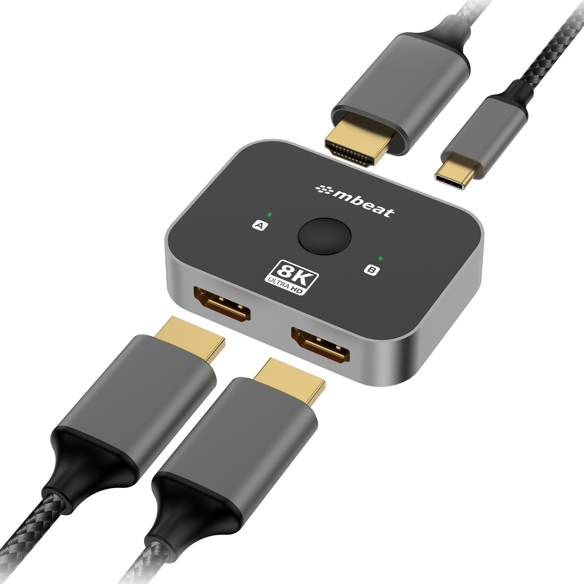 mbeat® 8K Bi-directional HDMI 2.1 Switch 2 In 1 Out/1 In 2 Out 8K@60Hz resolution, plug-and-play convenience USB-C power input Maximum 8K/60Hz