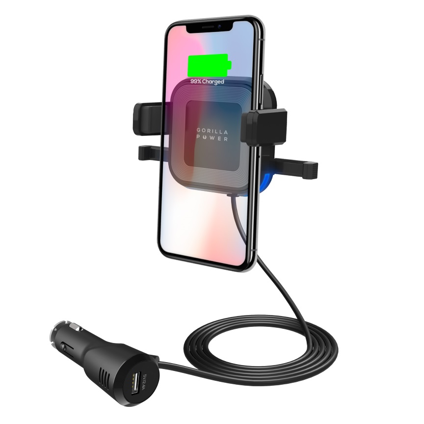 （LS） mbeat® Gorilla Power 10W Wireless Car Charger with 2.4A USB Charging, Air Vent Clip & Windshield Stand Black Package