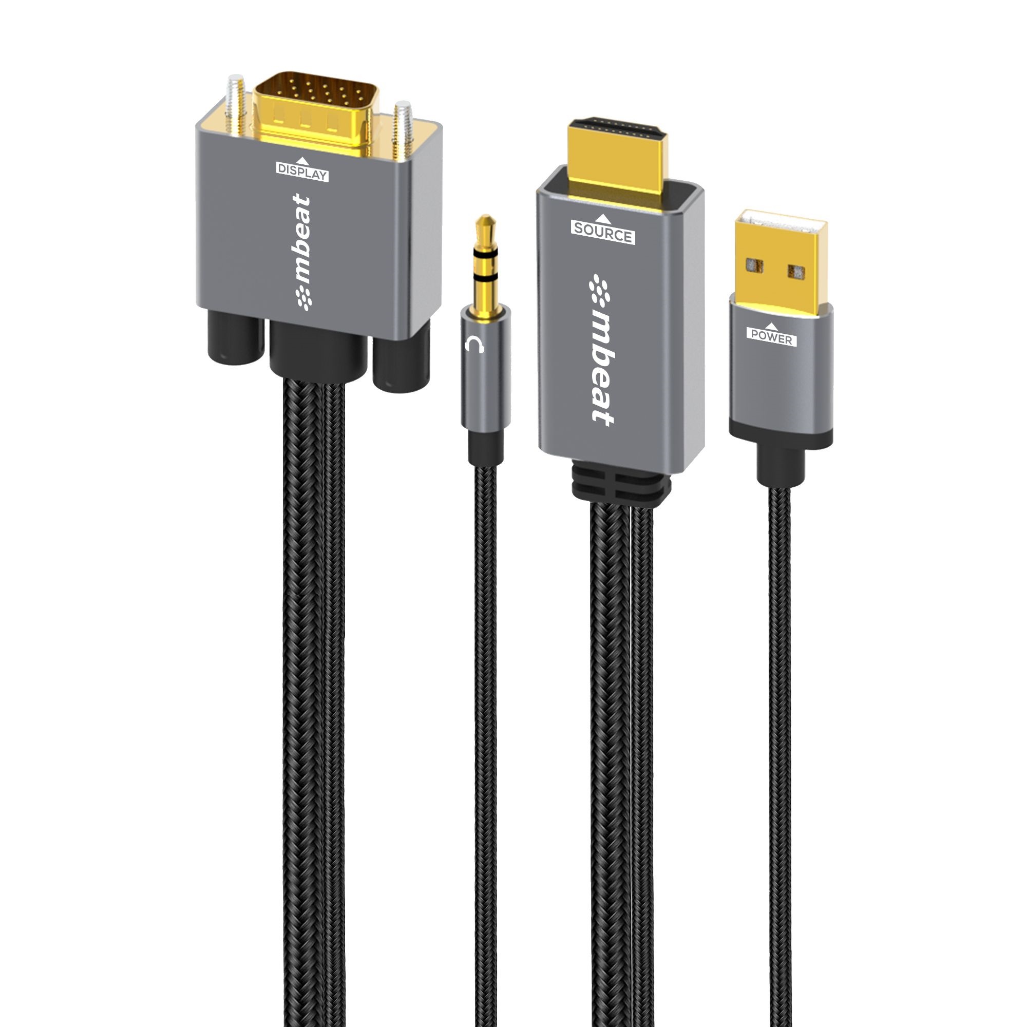 mbeat® Tough Link 1.8m HDMI to VGA Cable with USB Power & 3.5mm Audio Up to 1080p@60Hz (1920×1080) HDMI (Male)×1; USB-A (Connect to Power)×1