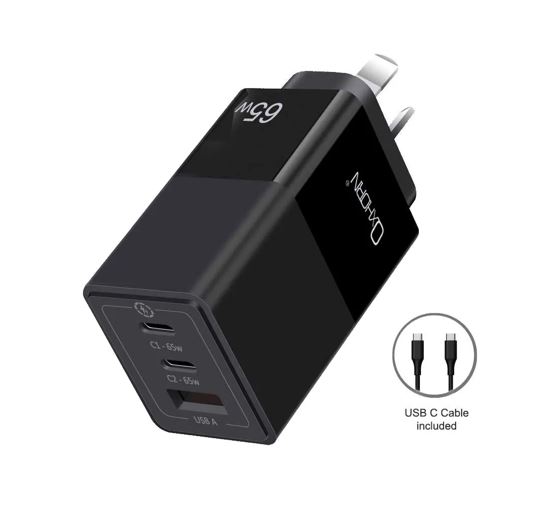 Oxhorn 65W GaN Type C fast Charger 3 Port 2xUSB-C 1xUSB-A PD3.0 QC4.0 PPS AUS Approved C-tick Black with 1m cable