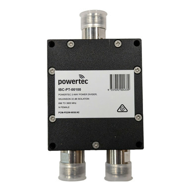 Powertec RF Power Divider 2-Way, 698 to 3800 MHz, N Female, Wilkinson, 20dB isolation