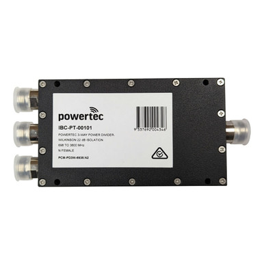 Powertec RF Power Divider 3-Way, 698 to 3800 MHz, N Female, Wilkinson, 18dB isolation