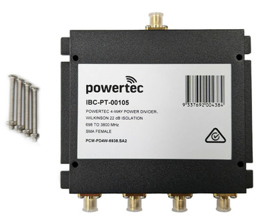 Powertec RF Power Divider 4-Way, 698-3800MHz, SMA Female, Wilkinson, 20dB isolation