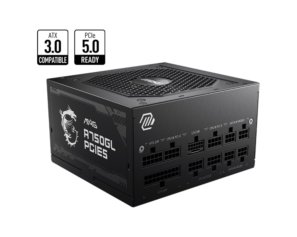 MSI MAG A750GL PCIE5 II Bulk – 750W ATX 3.1, 80+ Gold, full modular, PCIe 5.0 16-pin, 3x PCIe 6+2, 8x SATA, FDB fan, OCP/OVP/OPP/OTP/SCP/UVP, 120mm