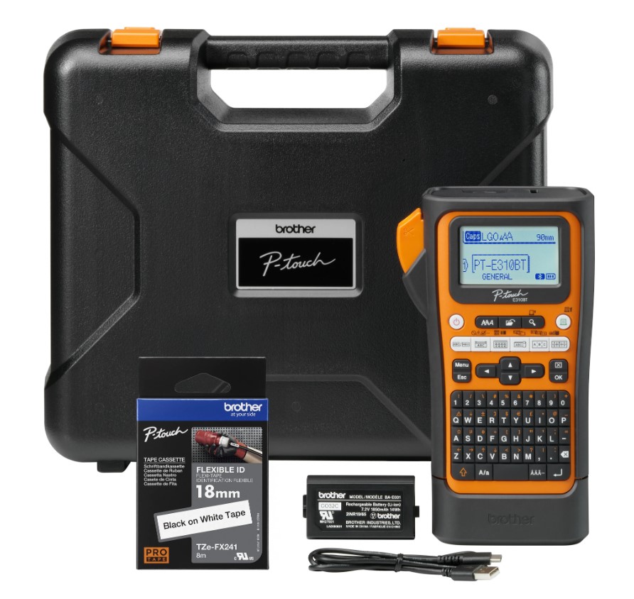 Brother PT-E310BTVP Industrial Handheld Label Printer - 3 Year Warranty, included Carry case, Rechargeable Li-Ion battery,1xTZE-FX241 and USB-A Cable