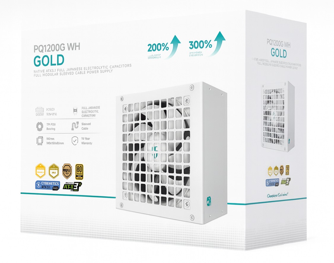 DeepCool PQ1200G WH 1200W Gamer Storm 80+ Gold/Cybenetics Fully Modular ATX Power Supply 120mm Fan, Japanese Capacitors, DC to DC, ATX12V V3.1