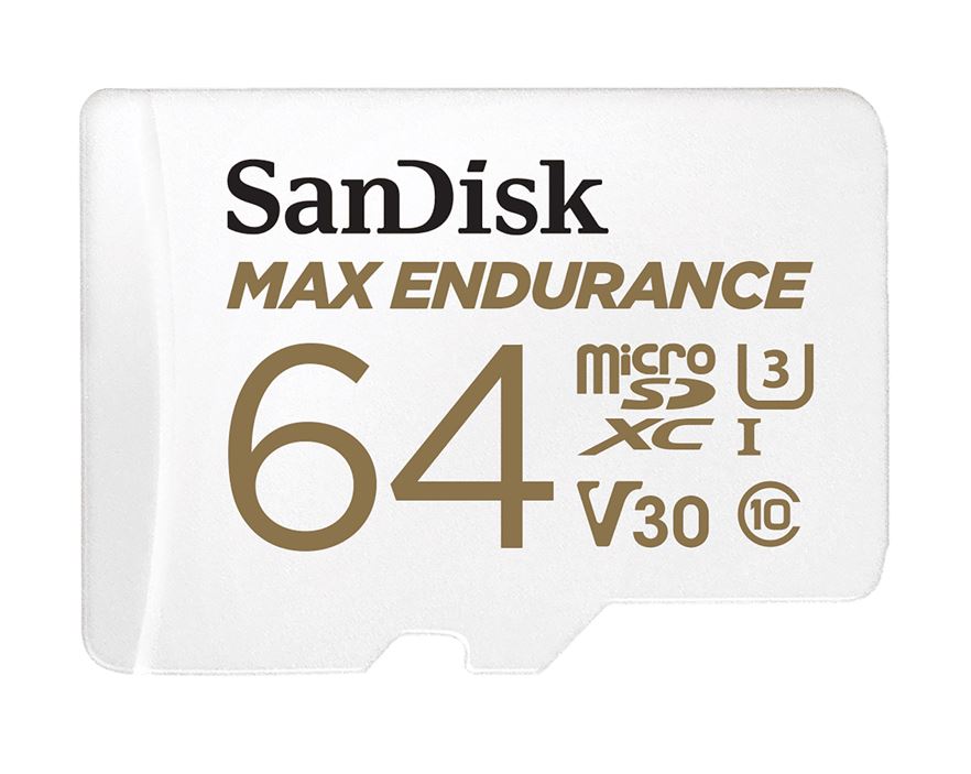 SanDisk Max Endurance 64GB microSD 100MB/s 40MB/s 20K hrs 4K UHD C10 U3 V30 -40°C to 85°C Heat Freeze Shock Temperature