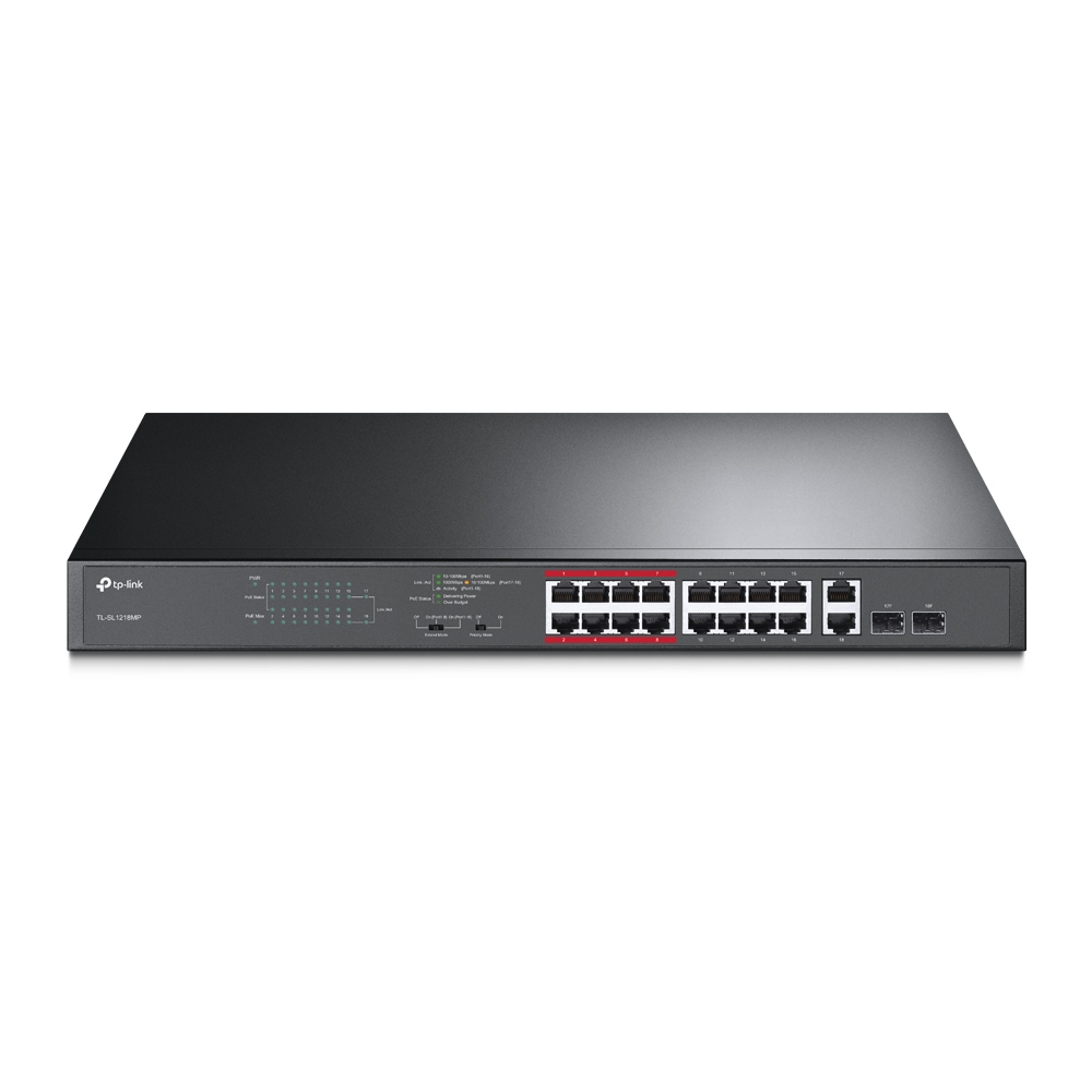 TP-Link TL-SL1218MP 16-Port 10/100Mbps PoE+ Switch, 16 10/100Mbps RJ45 Ports, 2 Gigabit RJ45 Ports, 2 Combo SFP Slots, 802.3at/af, 192W PoE Power