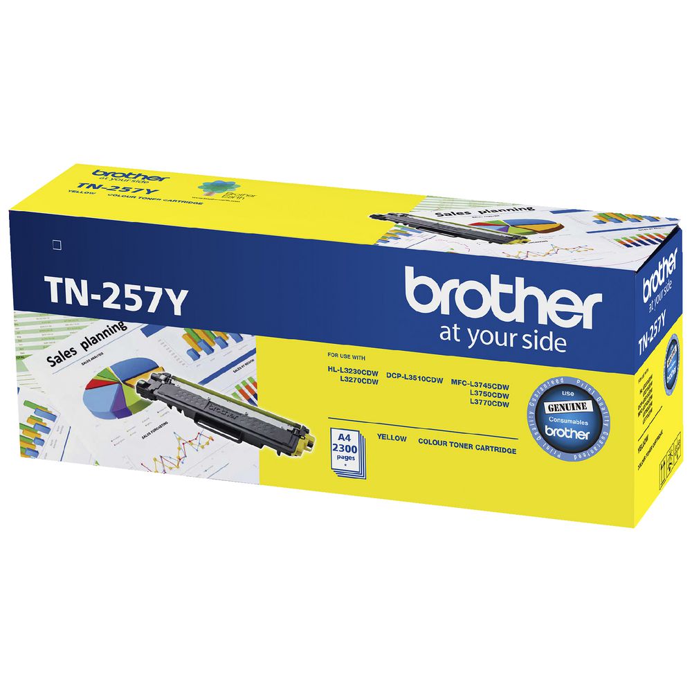 Brother TN-257Y Yellow High Yield Toner Cartridge to Suit - HL-3230CDW/3270CDW/DCP-L3015CDW/MFC-L3745CDW/L3750CDW/L3770CDW (2,300 Pages)