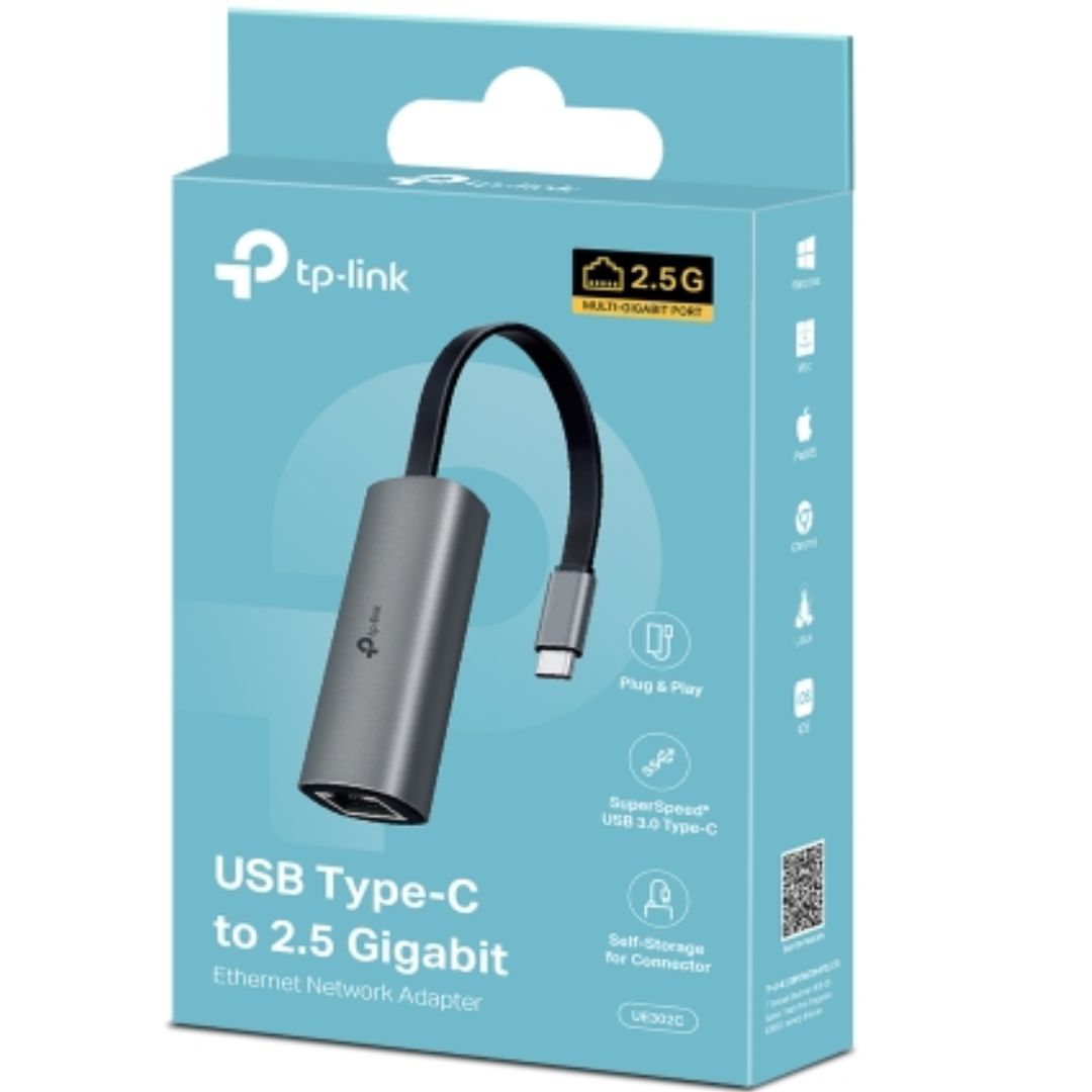 TP-Link UE302C USB Type-C to 2.5 Gigabit Ethernet Network Adapter, 1 USB 3.0 Type-C Connector, 1×2.5 Gigabit Ethernet Port, Foldable, Portable Design