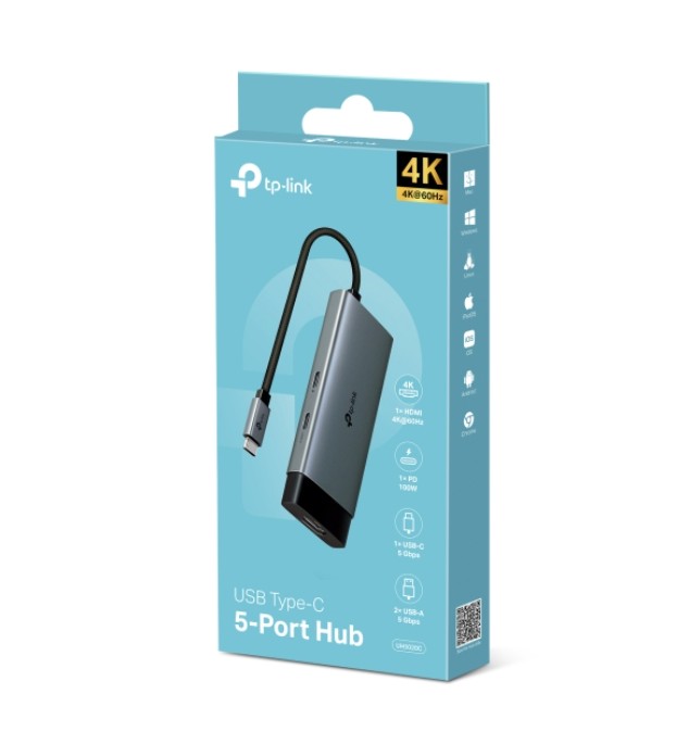 TP-Link UH5020C USB-C 5-in-1 Hub, 4K@60Hz HDMI, 100W PD Pass-Through, 1× USB-C 5Gbps, 2× USB-A 5Gbps