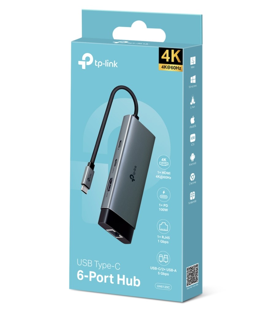TP-Link UH6120C USB-C 6-in-1 Hub, 4K@60Hz HDMI, Gigabit Ethernet, 100W PD Pass-Through, 1× USB-C 5Gbps, 2× USB-A 5Gbps