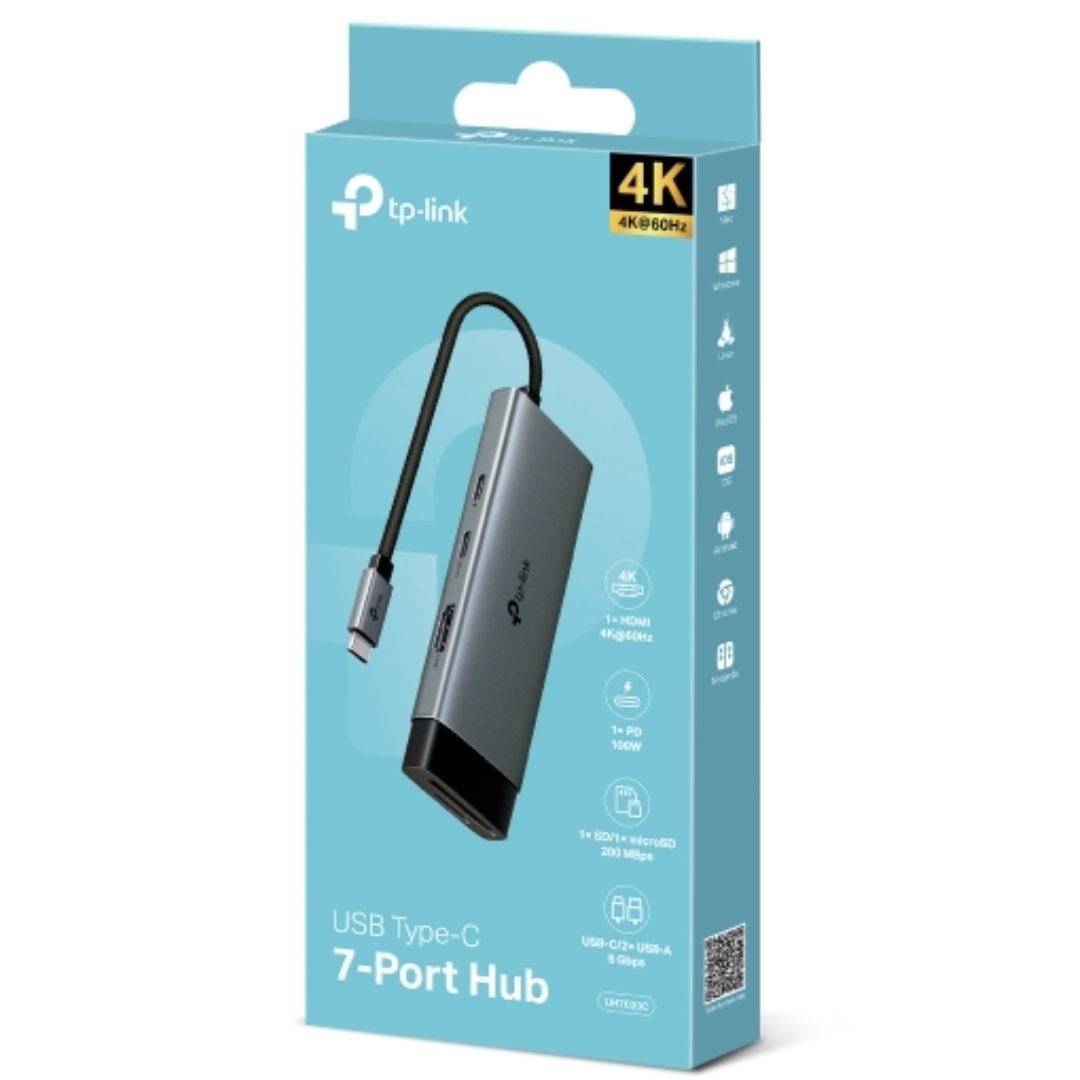 TP-Link UH7020C USB-C 7-in-1 Hub, 4K@60Hz HDMI, SD/microSD UHS-I, 100W PD Pass-Through, 1× USB-C 5Gbps, 2× USB-A 5Gbps