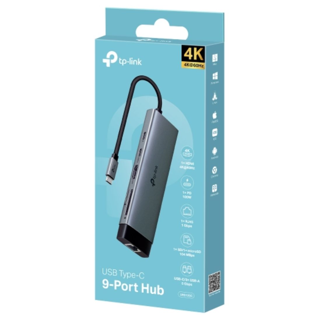 TP-Link UH9120C USB-C 9-in-1 Hub, 4K@60Hz HDMI, Gigabit Ethernet, SD/microSD UHS-I, 100W PD Pass-Through, 1× USB-C 5Gbps, 3× USB-A 5Gbps
