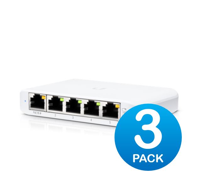 Ubiquiti USW Flex Mini 3 Pack - Managed, *No PSU/Cable*, UniFi, Layer 2 Gigabit Switch, 5x GbE RJ45 Ports, PoE (802.3af) or USB Type-C 5V 1A
