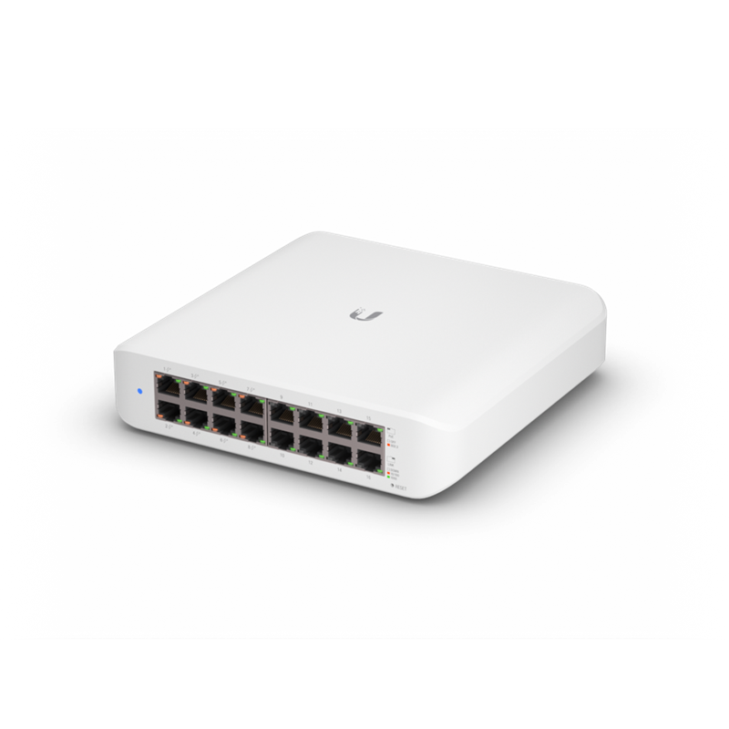 Ubiquiti UniFi Switch Lite 16 PoE, Layer 2, 16x GbE RJ45 Ports, 8x 802.3at PoE+ Ports, 45W PoE, Silent Operation, Wallmount Kit Include